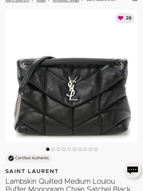 Saint Laurent Black Lambskin Quilted Loulou Puffer Chain Satchel👜